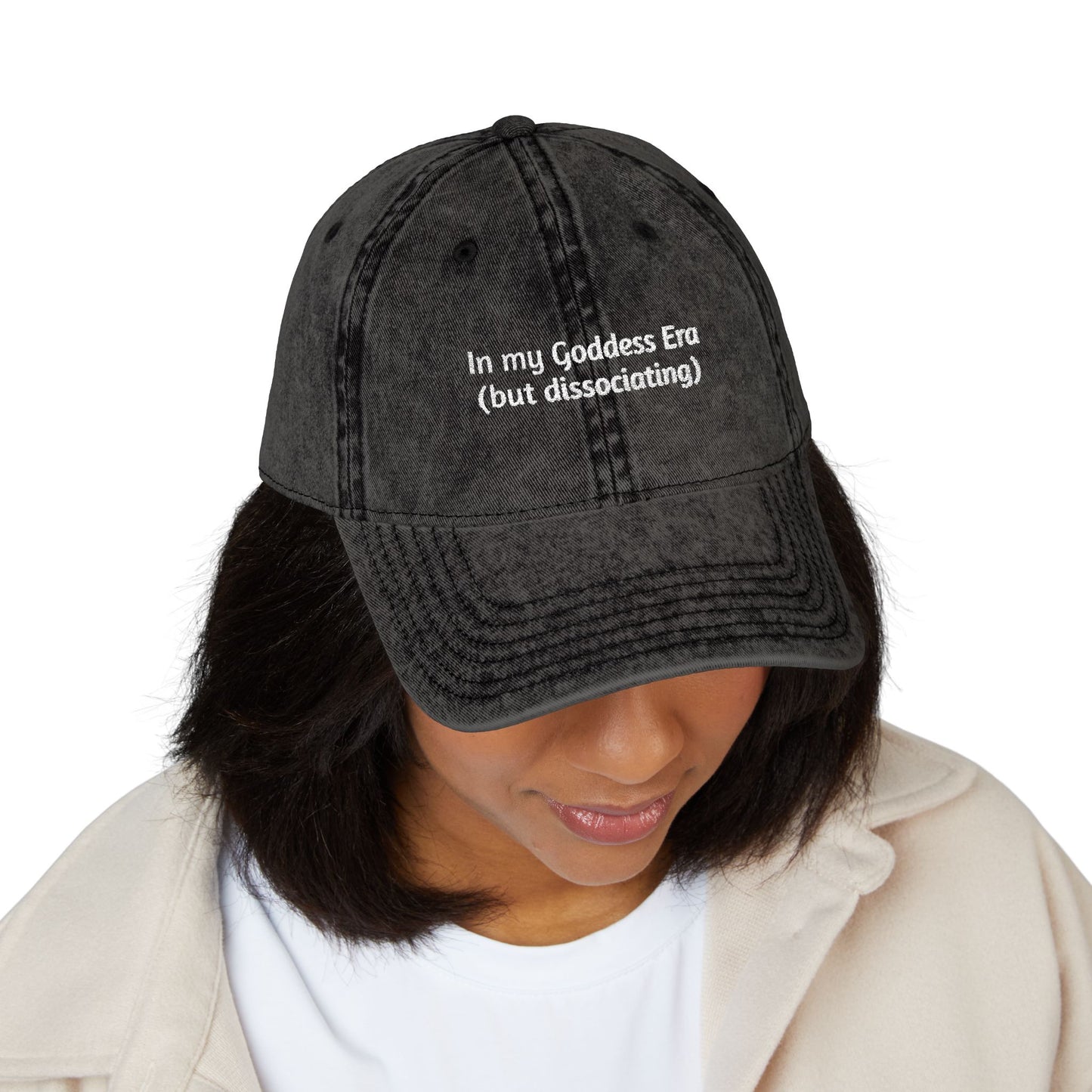 Embroidered Vintage Cap, 'In My Goddess Era' Phrase with Sun Design