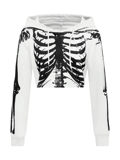 Women's Cropped Goth Graphic Skeleton Hoodie