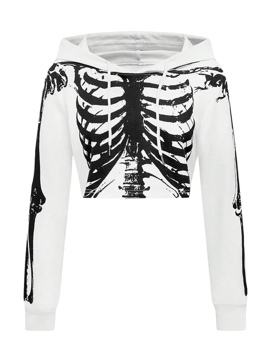 Women's Cropped Goth Graphic Skeleton Hoodie