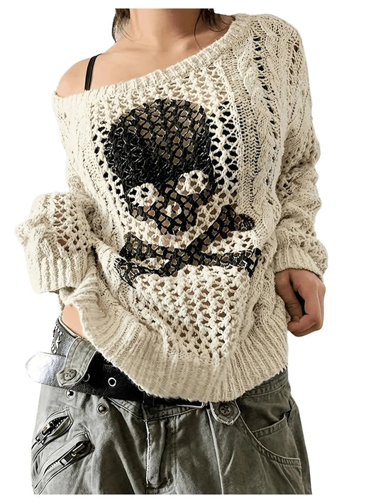 Skull Print Loose Knit Goth Grunge Shirt